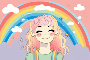 Obraz na płótnie Canvas Portrait of a woman in Kawaii style with a dreamy expression, surrounded by clouds and rainbows'', generative ai