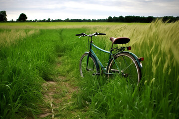 Obraz na płótnie Canvas bicycle outside in a green field. AI generated content