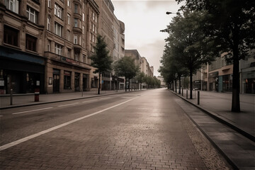 Empty street in a city centre without people. AI generated content