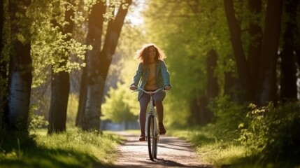 Fototapeta premium Joyful girl riding a bike in the park on a sunny day with a big smile on her face. Generative AI.