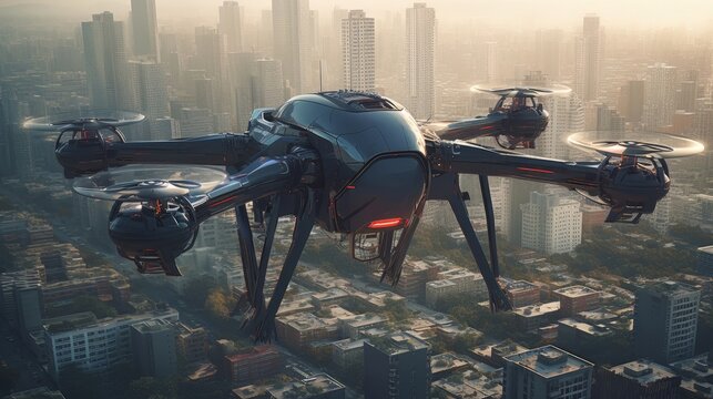 Digital illustration of a futuristic sentinel drone over a dystopic cyberpunk city. Generative ai