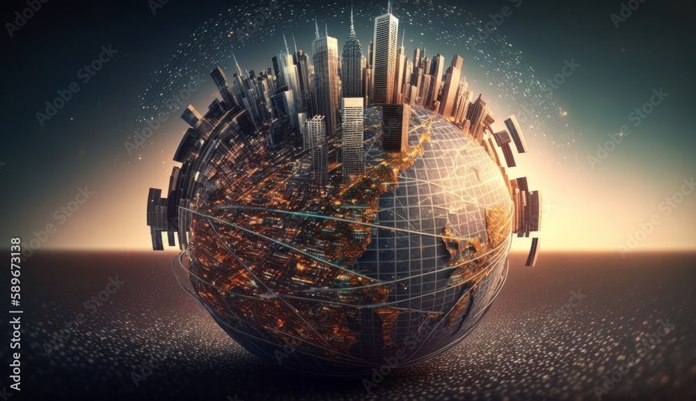 Poster shake with world globe cityscape, abstract vision, and futuristic network links business disruptive 