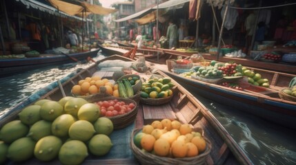 Lots of fresh fruits and vegetables on boats on eastern floating market. Generative ai