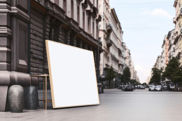 Signboard mockup and template empty frame on exterior street advertising city shop background. AI generated