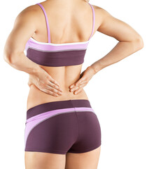 Back pain - woman having painful muscle injury in lower back.