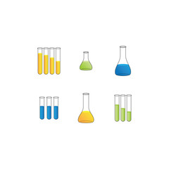 Set of 6 yellow, green, blue flasks and test tubes simple icons illustration. Lab equipment vector illustration.