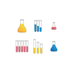 Set of 6 yellow, blue, pink flasks and test tubes simple icons illustration. Lab equipment vector illustration.
