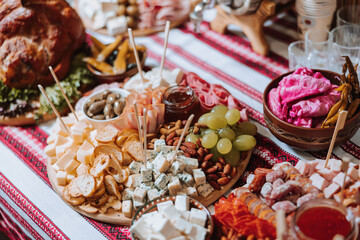 Snacks at the wedding, cheese, sausage, vegetables, meat products, Cossack table at the Ukrainian wedding.