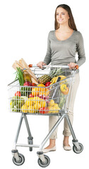 Portrait of a Woman Pushing a Shopping Cart Full of Groceries