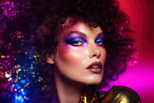 Portrait of a woman with a curly hairdo, wearing a disco-inspired makeup with bold eyeshadows and glossy lips, against a vibrant abstract background, generative ai