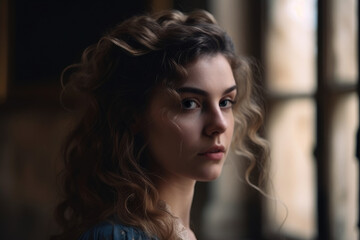 Fototapeta premium Portrait of a woman with a melancholic expression and wavy hair in a Romantic castle, generative ai