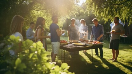 Happy family having a barbecue in the backyard on a sunny day. Generative AI.