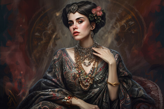 Portrait of a woman with a regal and elegant presence, adorned in luxurious jewelry and a richly patterned dress, generative ai