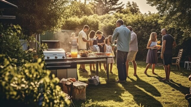 Happy family having a barbecue in the backyard on a sunny day. Generative AI.