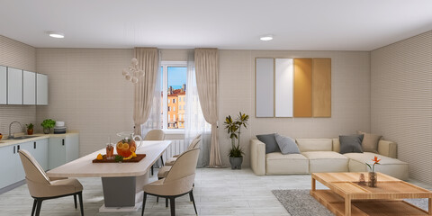 Kitchen dining room 3d render, 3d illustration