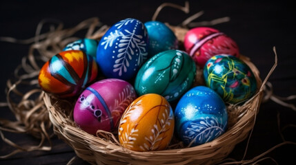 Colorful hand-painted Easter eggs in a basket surrounded by straw generated by AI
