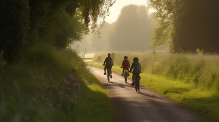 Fototapeta premium Happy family cycling on a scenic path through the countryside. Generative AI.