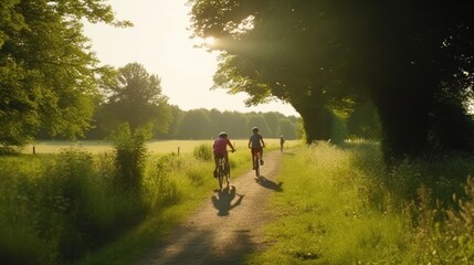 Happy family cycling on a scenic path through the countryside. Generative AI.