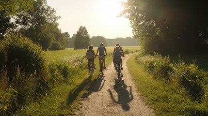 Fototapeta premium Happy family cycling on a scenic path through the countryside. Generative AI.