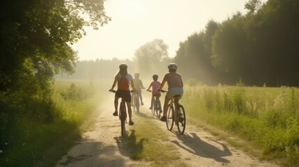 Obraz premium Happy family cycling on a scenic path through the countryside. Generative AI.