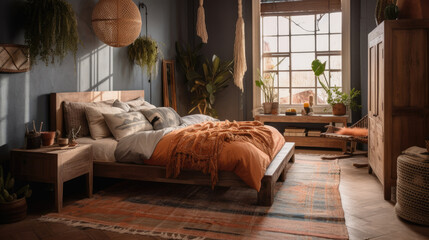 Bedroom interior design idea with natural furniture, industrial style. Generative AI