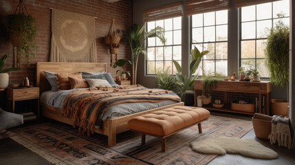 Bedroom interior design idea with natural furniture, industrial style. Generative AI