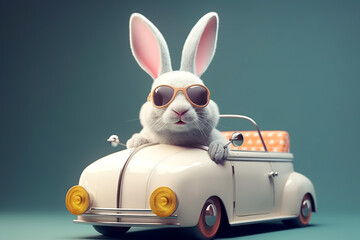 Rabbit with sunglasses driving a vintage retro car. AI generated image