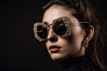 Fototapeta premium Portrait of a woman with crystal-embellished sunglasses, adding a touch of glamour and mystery to her look, generative ai