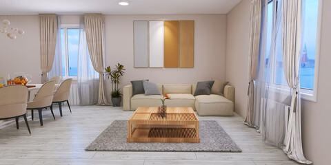 Kitchen dining room 3d render, 3d illustration