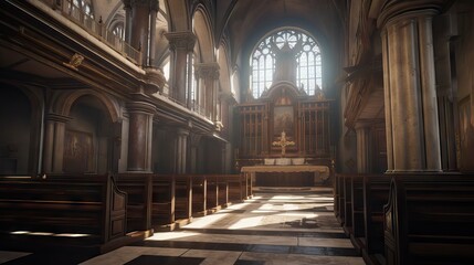 Obraz premium Exquisite interior of a cathedral, featuring vaulted ceilings, towering columns, intricate carvings, and stained-glass windows that flood the space with colorful light, generative ai
