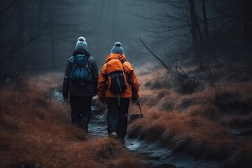 Naklejka premium Adventure Seekers: Hiking and Enjoying Outdoor Sports and Activities in Scenic Landscapes. Generative AI