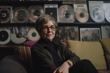 Portrait of an older woman with short hair and round glasses, sitting on a couch surrounded by vinyl records and vintage posters, generative ai