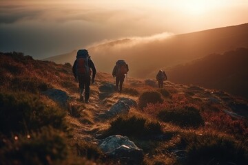 Fototapeta premium Adventure Seekers: Hiking and Enjoying Outdoor Sports and Activities in Scenic Landscapes. Generative AI