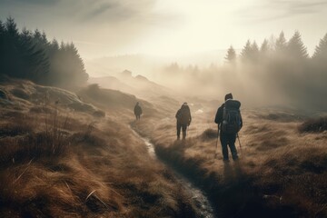 Obraz premium Adventure Seekers: Hiking and Enjoying Outdoor Sports and Activities in Scenic Landscapes. Generative AI