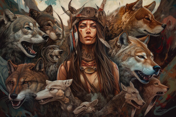 Powerful portrait of a woman in a Mother Nature-inspired art style, surrounded by fierce predators and ancient totems in a primal landscape, generative ai