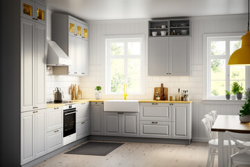 Modern kitchen interior. Super photo realistic background, generative ai illustration