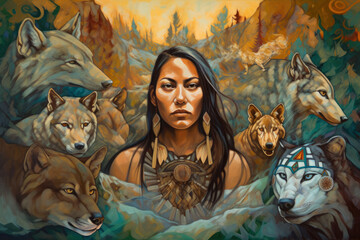 Powerful portrait of a woman in a Mother Nature-inspired art style, surrounded by fierce predators and ancient totems in a primal landscape, generative ai