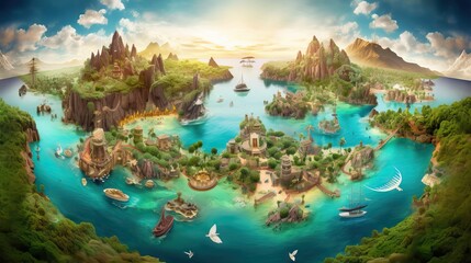 Fototapeta premium a breathtakingly beautiful island paradise with abundant lush greenery, perfect weather, and crystal-clear waters, offering a tranquil escape from the hustle and bustle of everyday life, generative ai