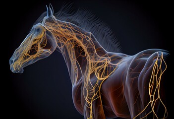 3D medical illustration of a horse's nervous system. Generative AI