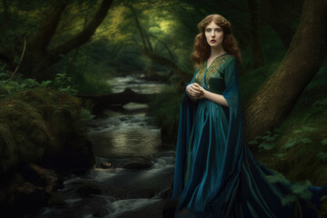 Fototapeta na wymiar Pre-Raphaelite woman with bright, piercing eyes, wearing a flowing gown in shades of blue and green, surrounded by a lush forest and a stream'', generative ai