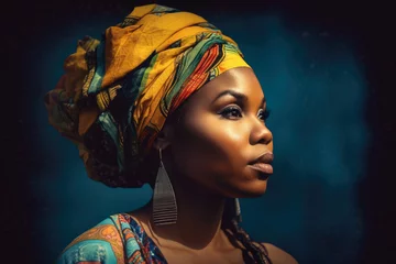 Fototapeten Radiant African woman with intricately braided hair and a colorful gele headwrap, gazing confidently into the distance, generative ai © aicandy