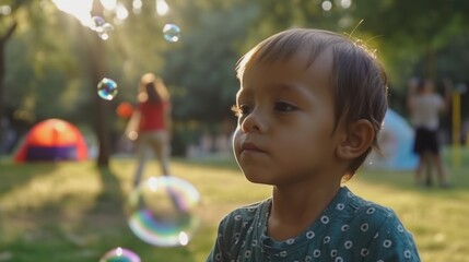 Cheerful boy blowing bubbles in the park with a big smile on his face. Generative AI.