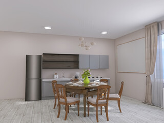 Kitchen dining room 3d render, 3d illustration
