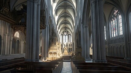 Fototapeta premium Exquisite interior of a cathedral, featuring vaulted ceilings, towering columns, intricate carvings, and stained-glass windows that flood the space with colorful light, generative ai