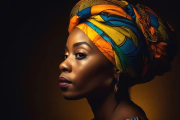 Fototapeten Radiant African woman with intricately braided hair and a colorful gele headwrap, gazing confidently into the distance, generative ai © aicandy