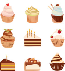 Set of 9 different delicious cupcakes vector illustration. Cartoon tasty cupcakes in pastel colors. Collection of dessert: cakes, cupcakes, pastry, biscuit with candles and berries. For birthday cards