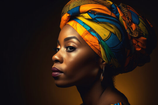 Radiant African woman with intricately braided hair and a colorful gele headwrap, gazing confidently into the distance, generative ai