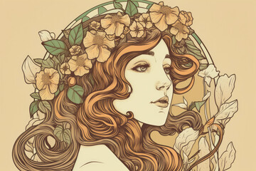 Radiant Woman with Flower Crown and Soft Lines in Art Nouveau Style, generative ai - obrazy, fototapety, plakaty