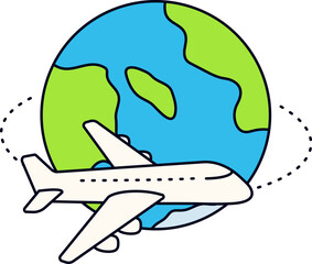 Airplane Flying Around World Travel Flight Tourism Transportation Colored Outline