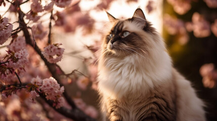 Naklejka na ściany i meble ragdoll cat in a blooming cherry blossom tree - Generative AI